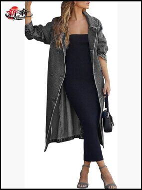 Vintage Notched Collar Double Breasted Plus Size Denim Trench Coat with Belt